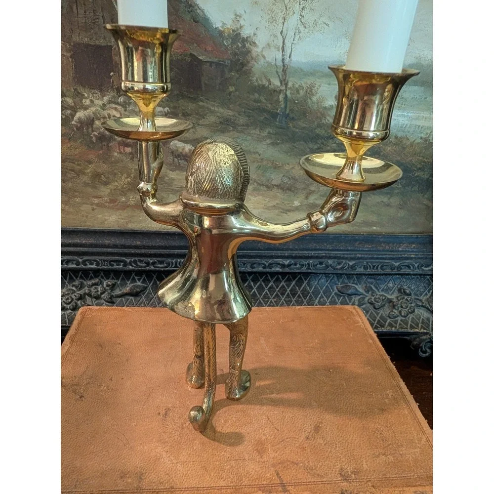 Vintage Brass Monkey Candelabra Double Arm Taper Candle Holder India 8x6